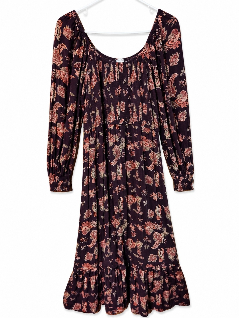 Wonderly Floral Smocked Maxi Dress Large Plum Boho Peasant Tiered Hem EUC - Picture 2 of 6